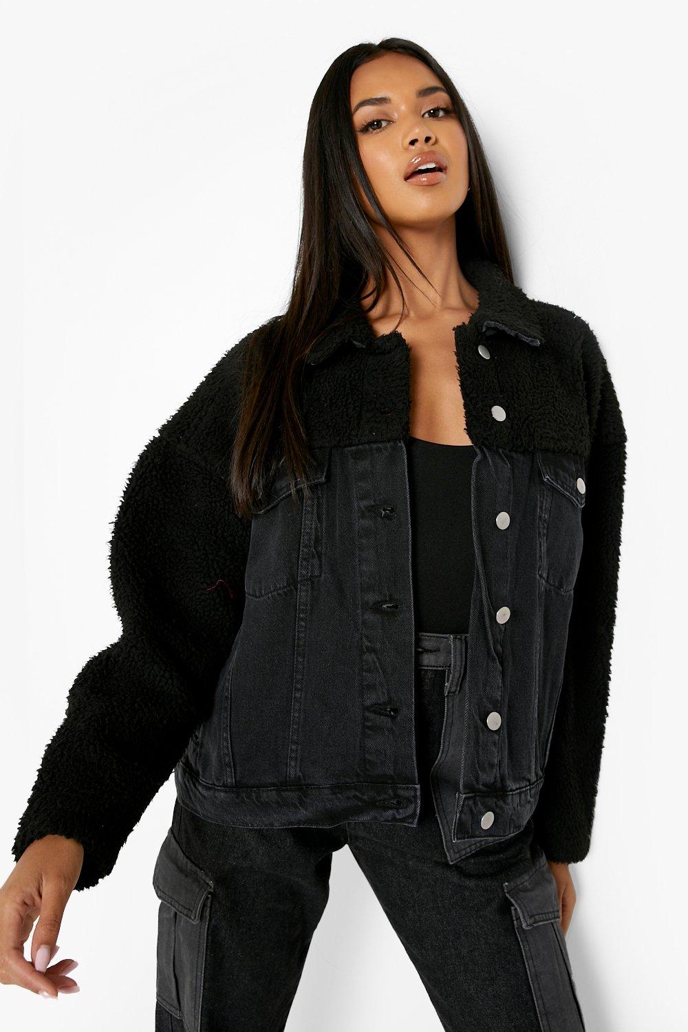 Borg Panel Oversized Denim Jacket boohoo USA